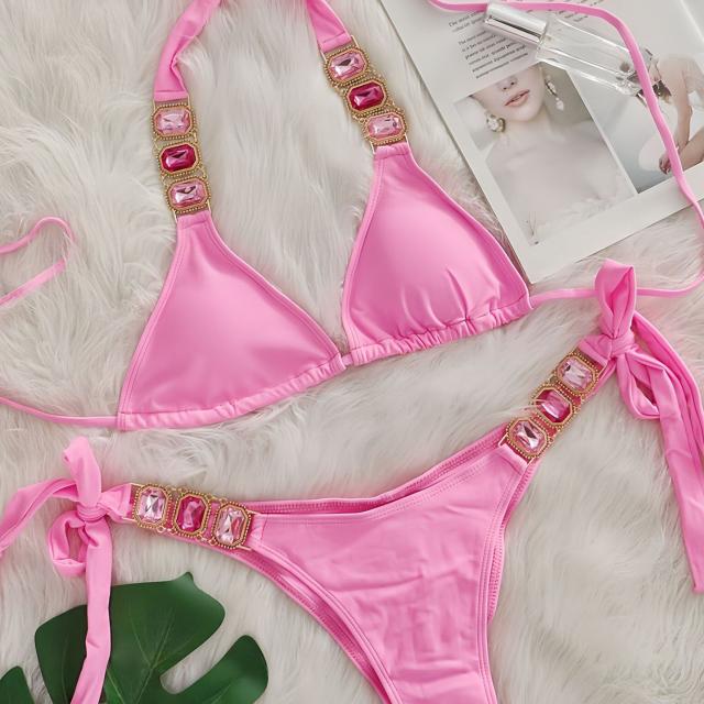 סט ביקיני יהלומים מלאכותיים לנשים 2025 יוקרה ורוד קריסטל יהלום חוטיני תחבושת פוש אפ