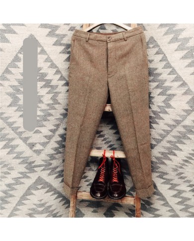 XL Size Retro herringbone wool trousers straight leg slim fit plus size casual cropped trousers for men