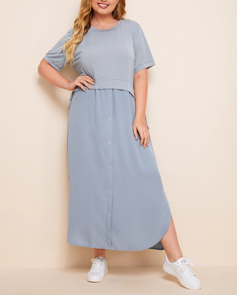 فستان فاتح الطراز مع بأزرار مرقعة للسيدات بأكمام قصيرة Gray blue size 1XL