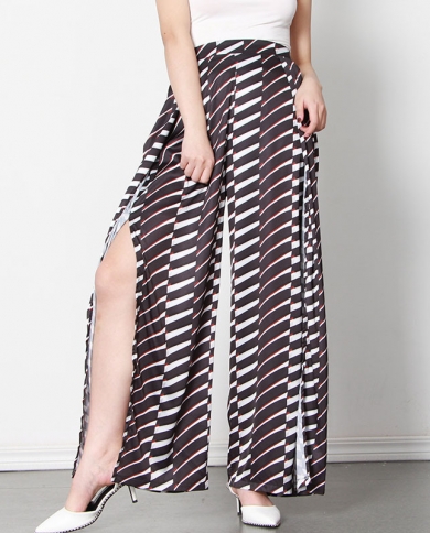 Women's Black With White Striped Casual Wide Leg Pants High