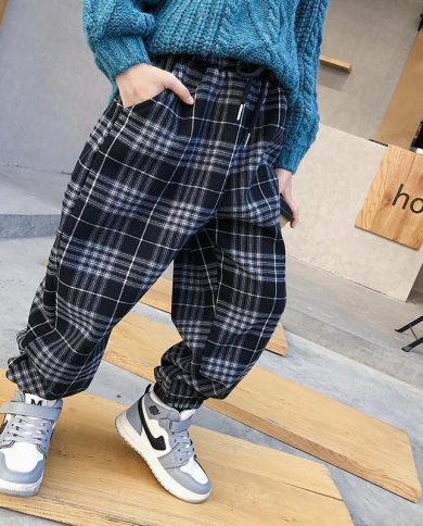 Girls Spring And Autumn Trousers New Casual Loose Plus Velvet Thick Plaid  Trousers Waist Pants appropriate height 160 yards recommended height 150160  colour Black plus velvet thickening