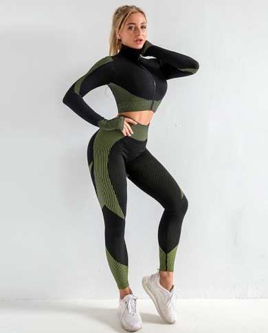 Yoga Clothing Suit Autumn And Winter New Knitted Elastic Fitness Sports  Two-piece Suit size XL colour Army Green