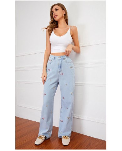 New Embroidered Jeans Womens Slim Wide 