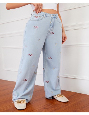 New Embroidered Jeans Womens Slim Wide 