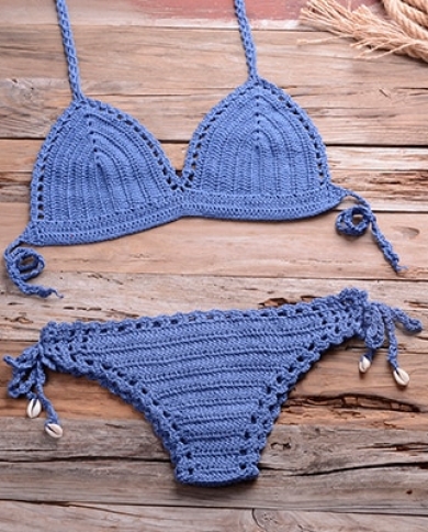 Women Shells Tassel Sexy Bikinis Top Bra Knitted Crochet Swimsuit Beach  Swimwear