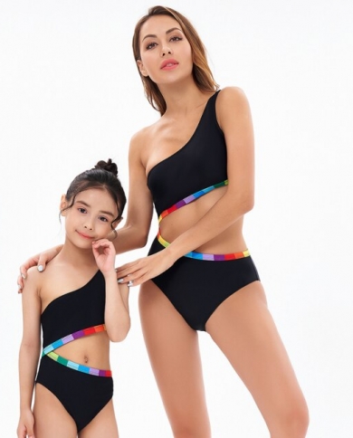 JINSIJU Daughter Mother Family Matching Swimwear, Solid Color Sleeveless  Drawstring V-Neck Tops + Leaves Print Panties Bikini Set