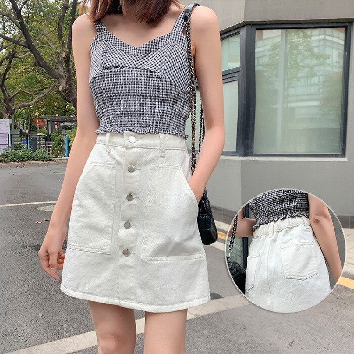 S 5xl Casual Solid Denim Skirt Women Single Breasted High Wasit