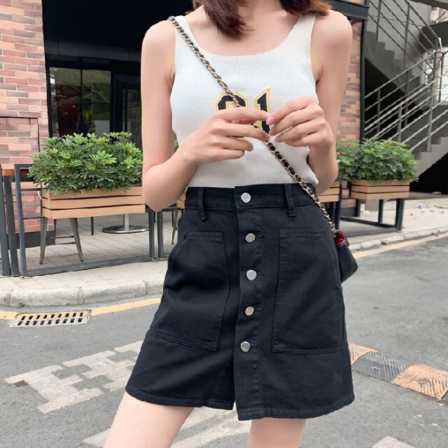 S 5xl Casual Solid Denim Skirt Women Single Breasted High Wasit