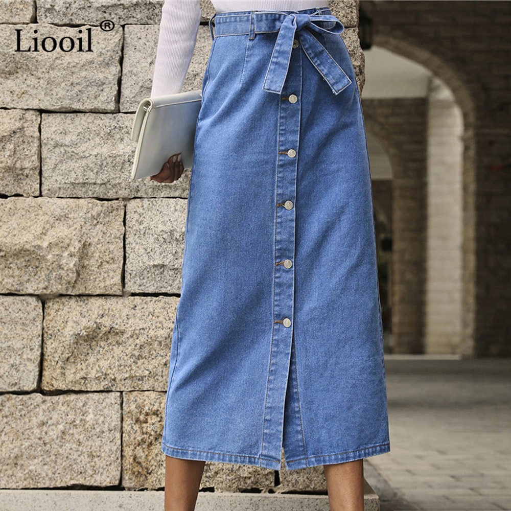 Button Up Slit Jean Skirt Women High Waist Spring 2023 New Streetwear With  Belts Drawstring Blue Loose A Line Denim Ski size XS Color Blue