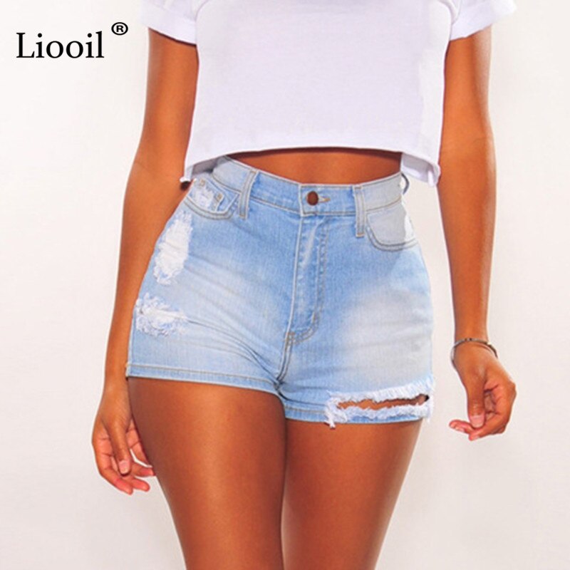 Liooil High Waist Ripped Jean Shorts 