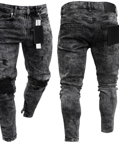 גינס סקיני קרוע לגברים שחור עיפרון אופנוענים מכנסיים ארוכים בעיצוב גברים מכנסי גינס בעיצוב גברים קזואל מכנסיים עם רוכסן ברגל