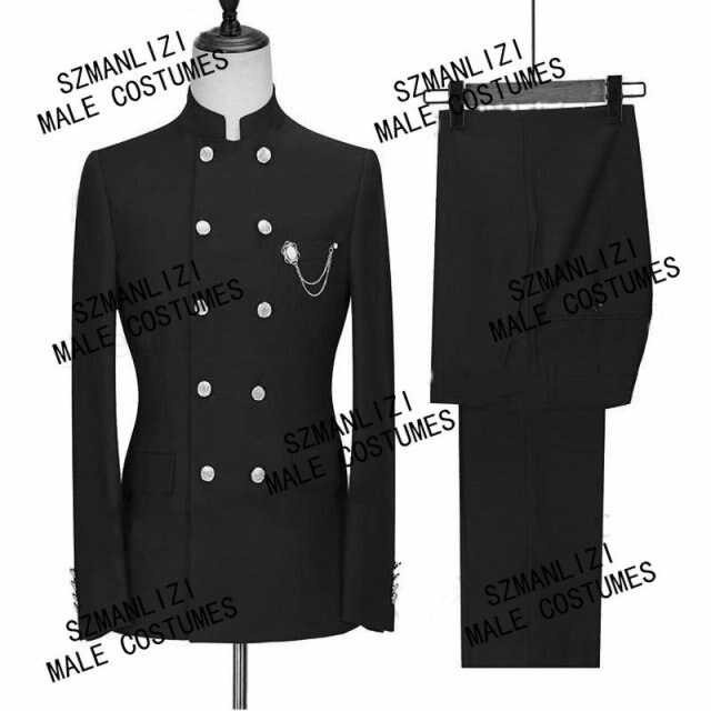 Fashion Double Breasted Costume Navy Blue Business Groom