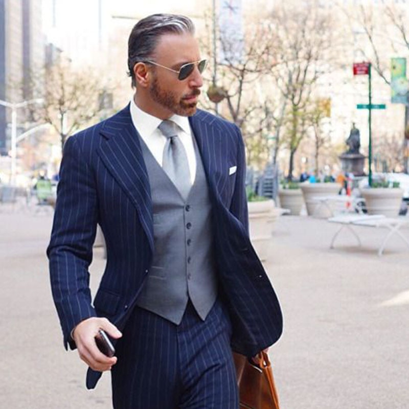 Mens blue suit sales with grey waistcoat