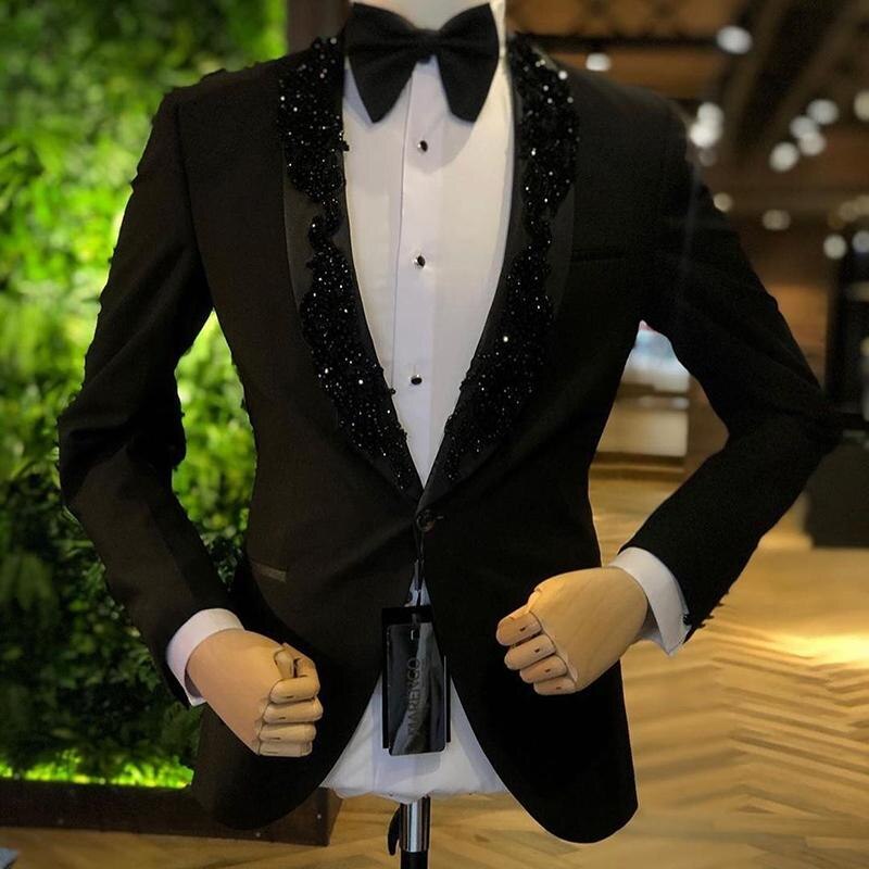Handsome Design Black Men Suit 2 Piece Lace Beads Lapel Prom Groom