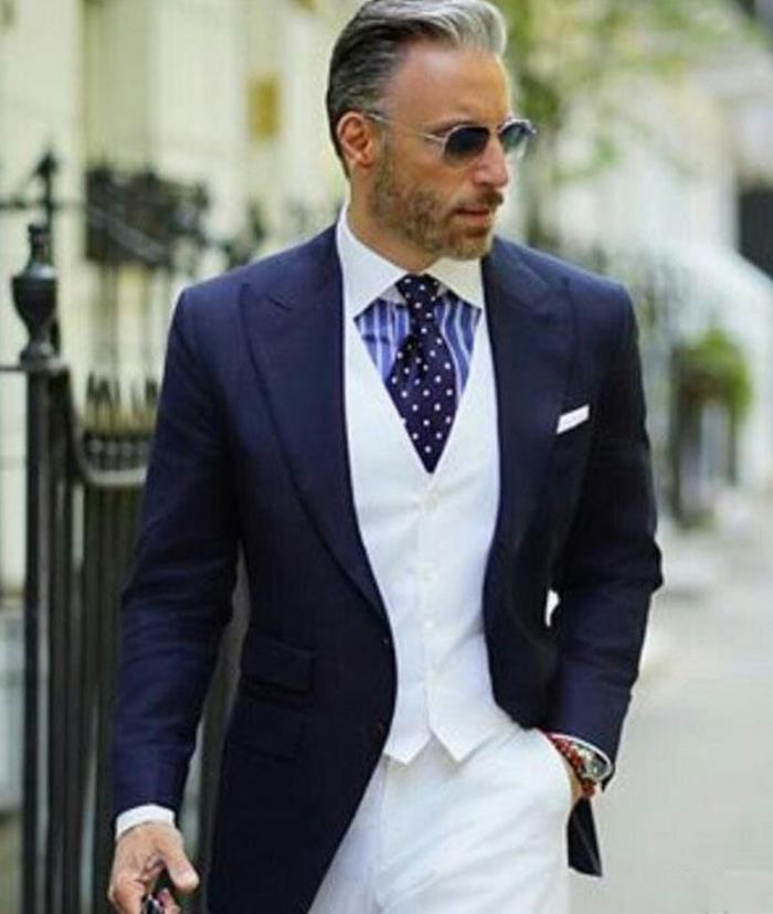 White & Navy Blue Tuxedo - 3 Piece