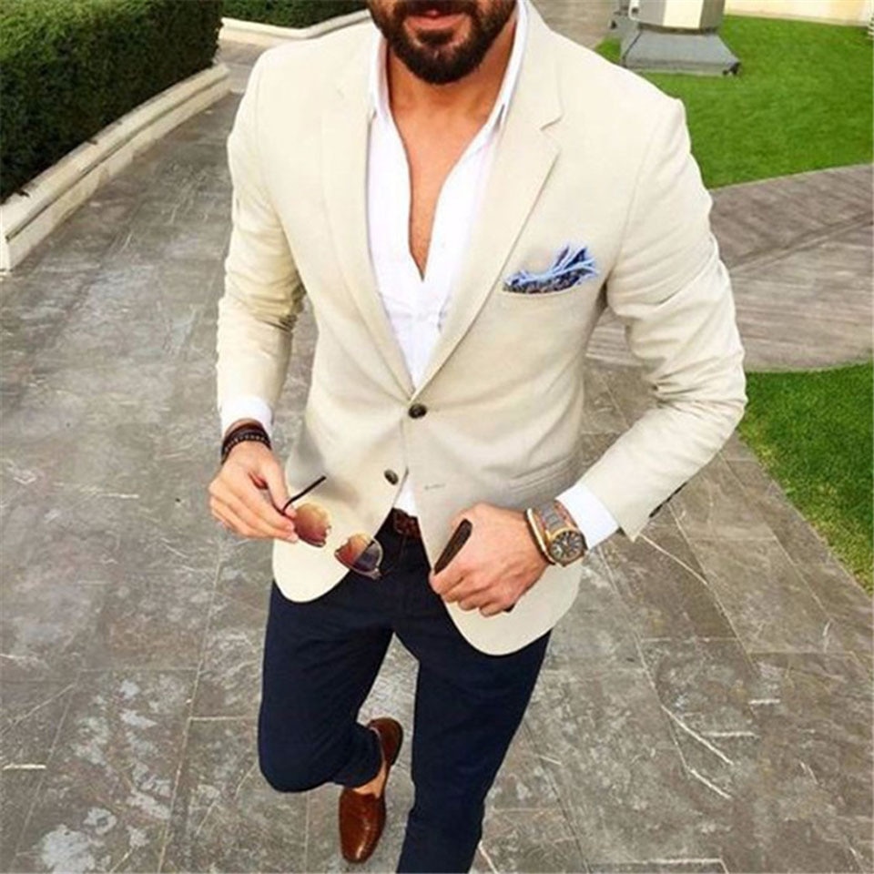 Beige blazer with 2025 blue pants