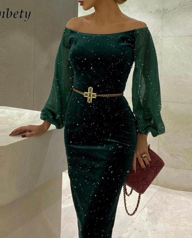 Women Elegant Slash Neck Green Bodycon 