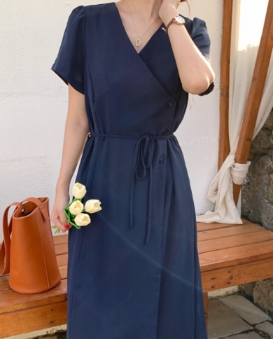 Short Sleeve Midi Dress V Neck Lace 