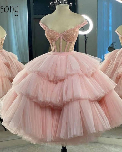 Vintage Pink Tulle Prom Dresses Short 