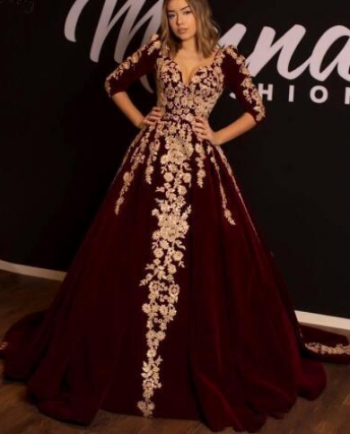 Arabic Burgundy Prom Dresses Gold 