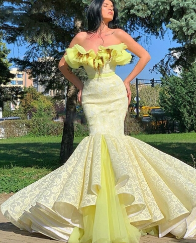 Abendkleider Arabic Yellow Lace Evening Dresses Dubai Strapless Prom Dress  Mermaid Long Party Gowns Abiye Vestidos De F US Size 4 Color Ivory