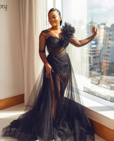 Black Sheer Aso Ebi Prom Dresses Long 