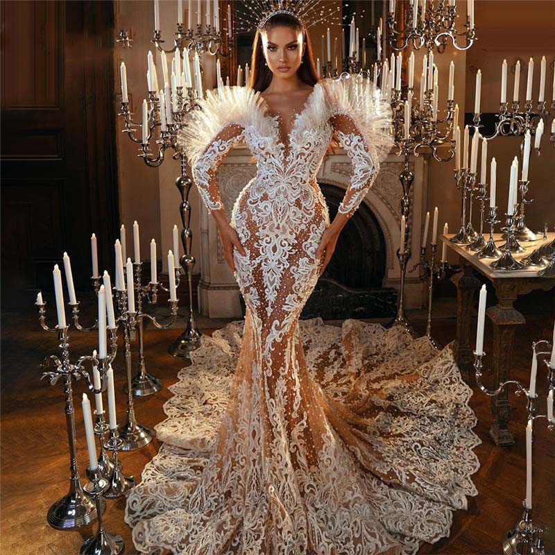 Chic Mermaid Long Evening Dress Dubai Luxury Lace Applique Beading