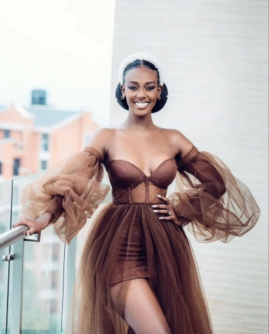 Brown Chocolate Tulle Prom Dress 2023 New Off The Shoulder African