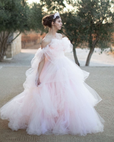 Pink Maternity Robes for Photoshoot Off Shoulder Tulle Tiered