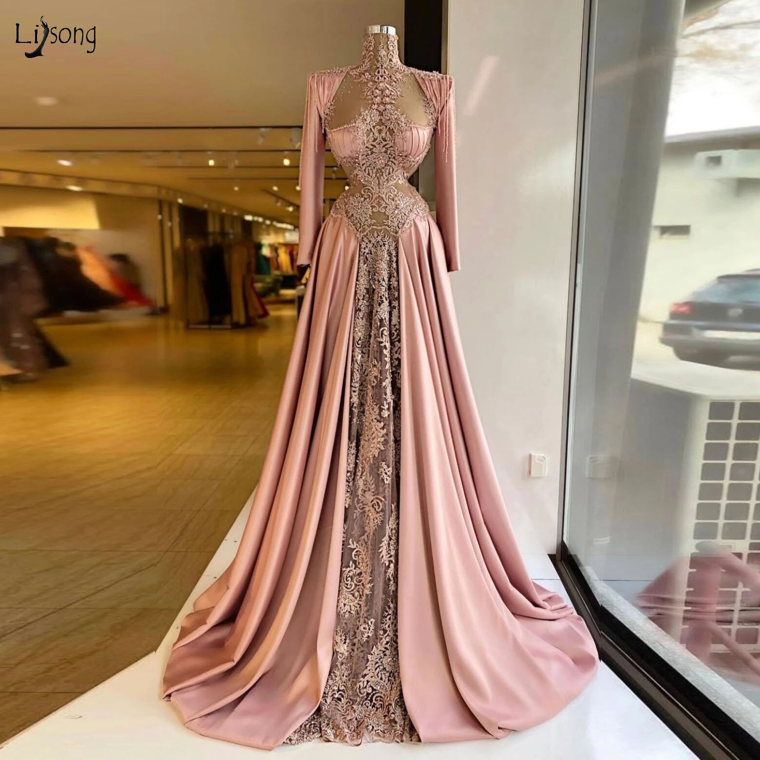 High Neck Pink Evening Dresses Long 