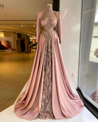 High Neck Pink Evening Dresses Long 