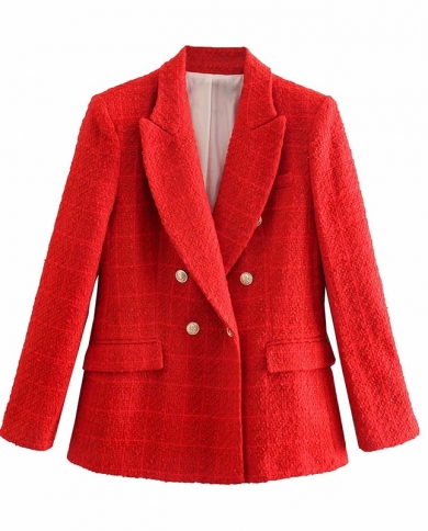 Zxqj Tweed Women Vintage Red Blazers Autumn Fashion Ladies Elegant 