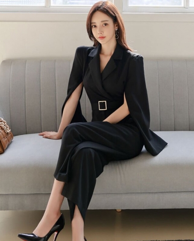 Office Suit Collar Black Jumpsuit Summer Woman Outfit Cape Sleeve Female  Jumpsuit Fashion Wide Leg Pants Overalls size S Ships From China