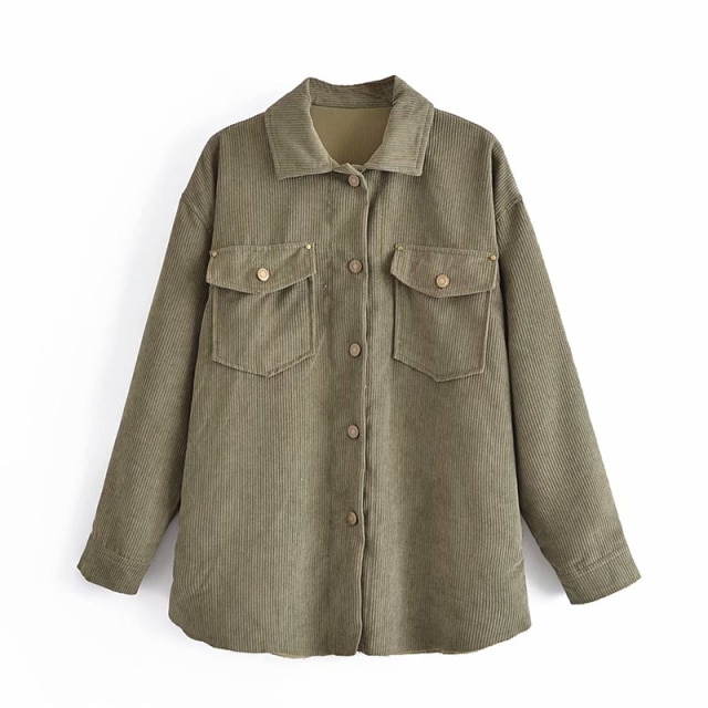 Zxqj Women Khaki Corduroy Shirt Jacket 