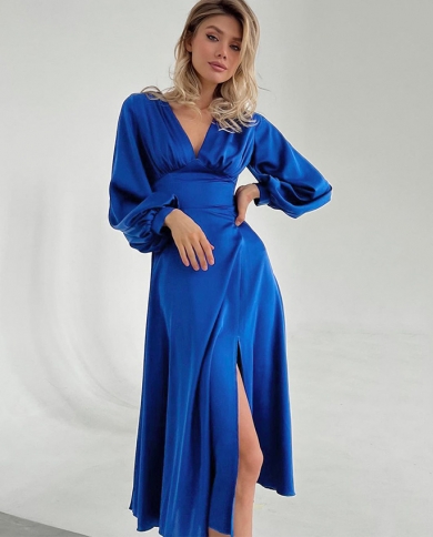 Spring Long Dress Slit V-Neck Fashion 