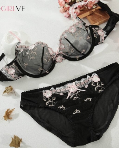 Ladies Set Bras Cup Sexy Lace Bra & Brief Sets Transparent Women Underwear  Black Embroidery Bow - AliExpress