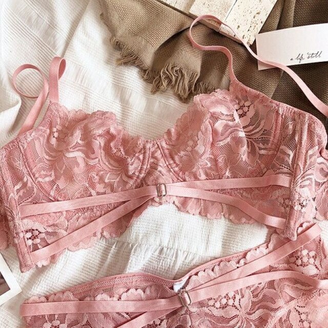 Logirlve Ultrathin Bra Set Lingerie Push Up Brassiere Embroidery Lace  Underwear Set Transparent Panties For Women Under Color Pink Cup Size 70B