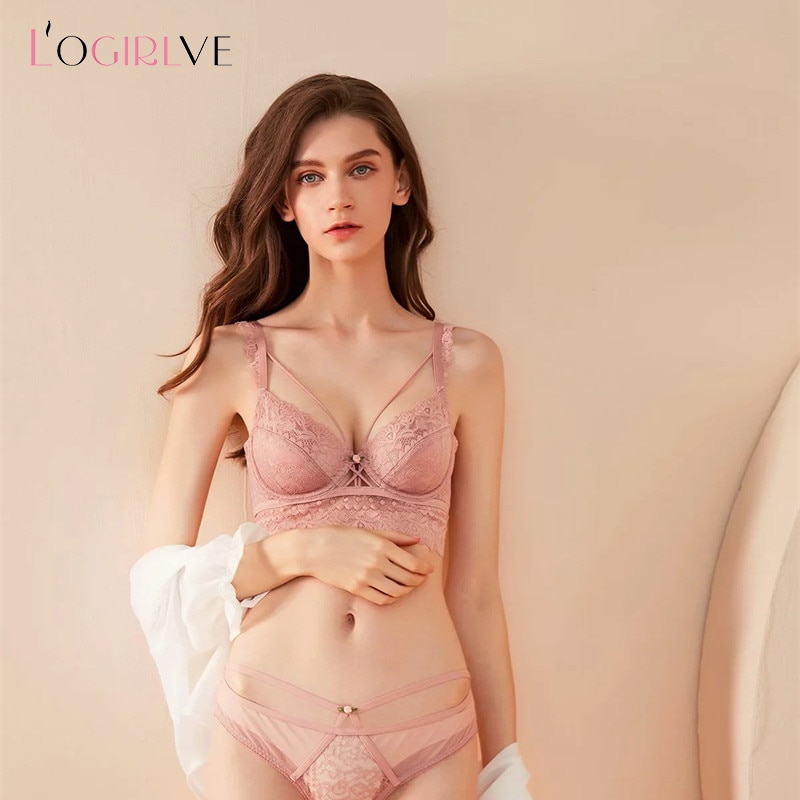Logirlve Pink Bra Set Lingerie Push Up Brassiere Ultra Thin Lace Underwear  Set Embroidery Gathered For Women Underwearb Color Pink Cup Size 70B