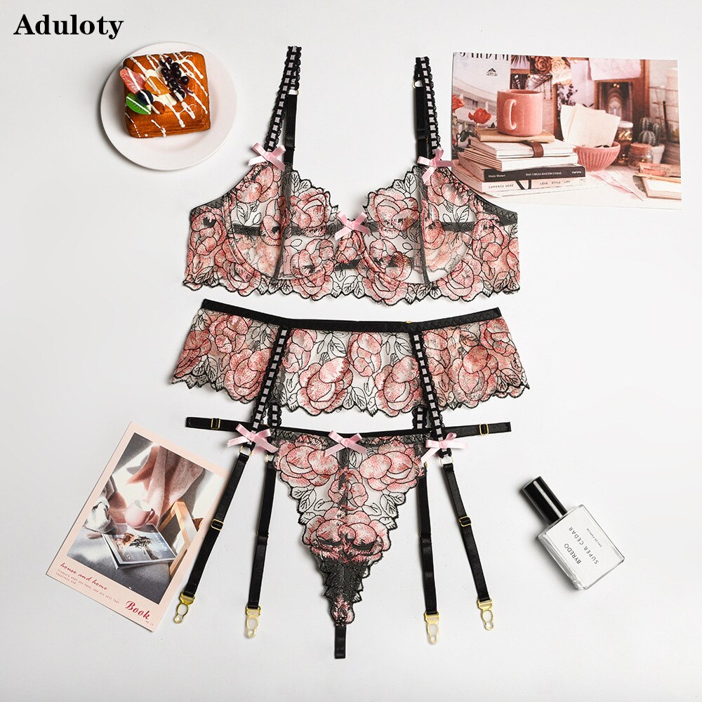 Aduloty Womens Lingerie Lace Embroidered Flower Bra Set Thin Section  Perspective Underwear Garter Thong 3pcs Color Pink Cup Size S