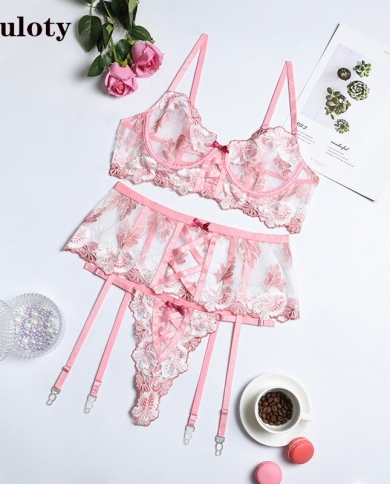 New Fashion Women's Bra Panties Set Push Up Sexy Lingerie Perspective  Hollowing Lace Underwear Garters Thong Suit