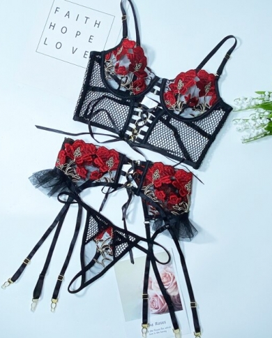 Red Rose Red Lace Bralet And Thong 3 Piece Set