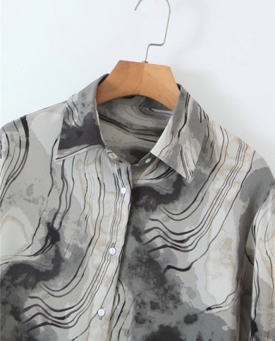 Zxqj Elegant Women Grey Tie Dyed Shirts Ladies Turn Down Collar Shirt  Female Chic Long Sleeve Tops Casual Girls Blouses size L Ships From China