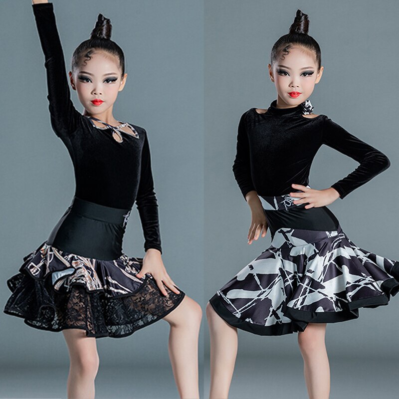 Latin Dance Dress Ballroom Practice Clothes Female Children Latin Dance  Costume For Girls Black Velvet Split Suit Sl549 size 140cm Color As Picture