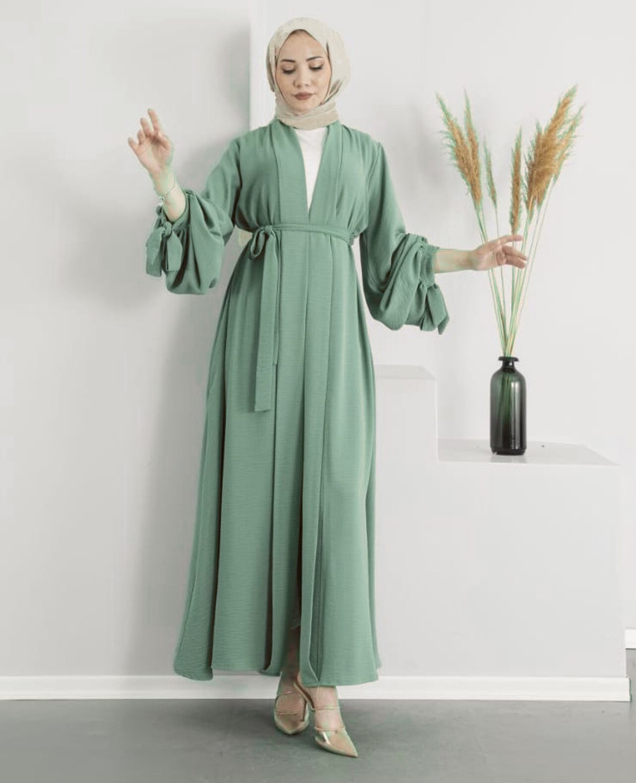 Eid Djellaba Abaya Dubai Soft Puff Sleeve Muslim Dress Pleated Fabric