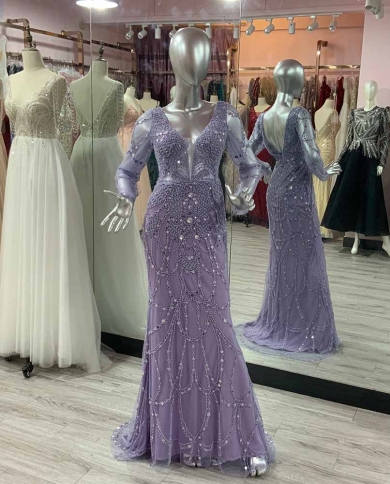 Luxury Lilac Beaded Long Sleeve Evening 