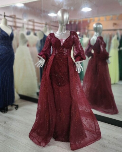 Dubai Burgundy Embroidered Puffy Long 