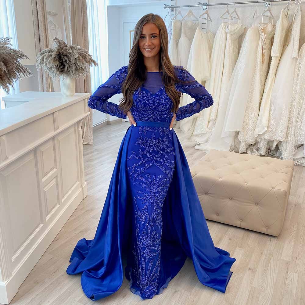 Royal blue long sleeve best sale formal dress