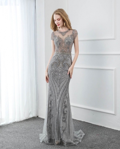 Luxury Gray Rhinestones Long Evening 