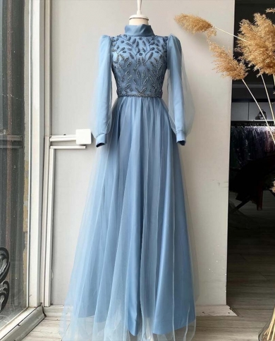 Smoky Blue Muslim Long Sleeve Evening 