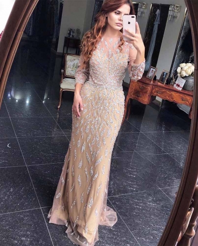 Elegant Nude Beaded Long Sleeve Evening 